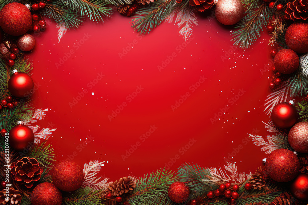 Pine leaf decorated with christmas ball and traditional decorations on red wooden board with copy space, happy new year and christmas festival background concept. Pine leaf decorated with christmas ball and traditional decorations on red wooden board with copy space, happy new year and christmas festival background concept.