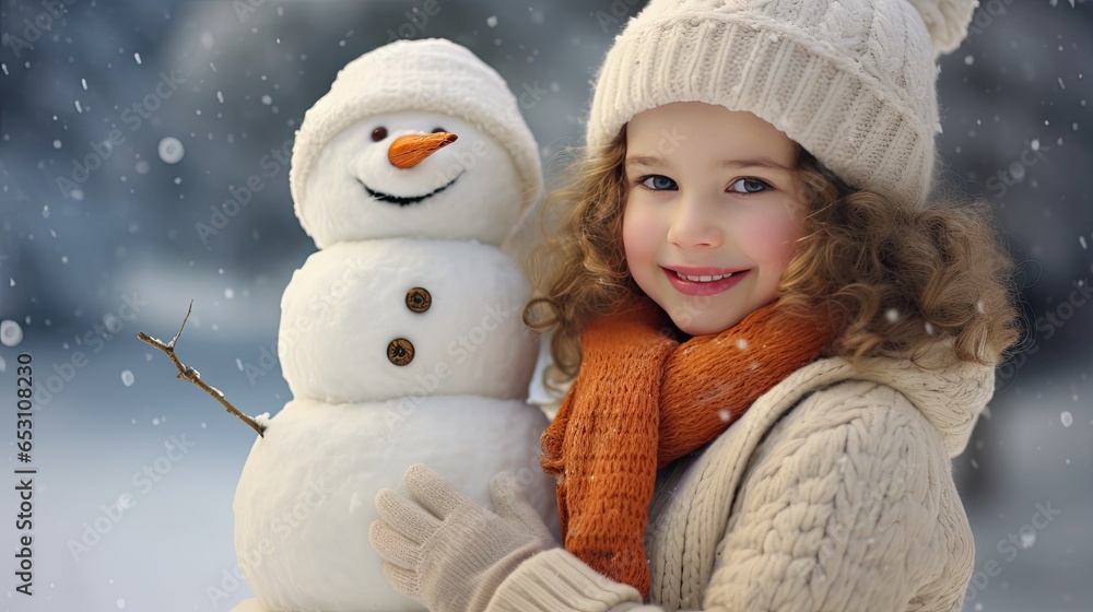 Smiling young woman with snowman on white Christmas in winter snow Smiling young woman with snowman on white Christmas in winter snow