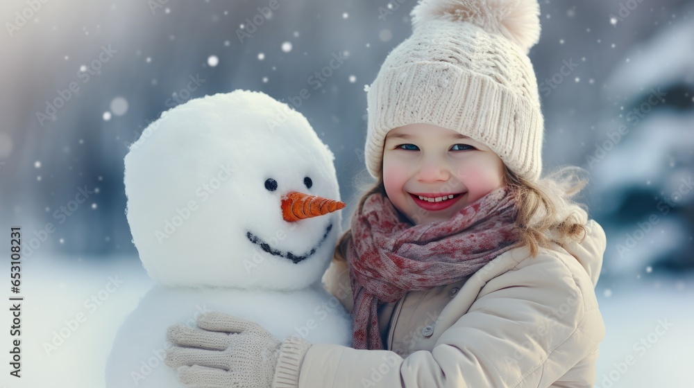 Smiling young woman with snowman on white Christmas in winter snow Smiling young woman with snowman on white Christmas in winter snow