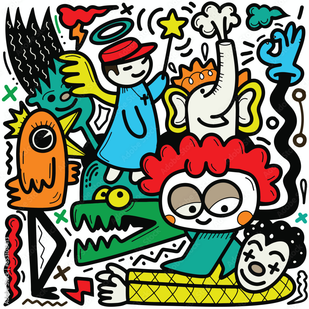 Doodle, hand drawn illustration of colorful cartoon characters, in the style of psychedelic absurdism, bold outlines, chilling creatures, baroque madness, child drawing ,Illustration Vector 