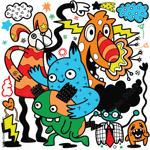 Doodle, hand drawn illustration of colorful cartoon characters, in the style of psychedelic absurdism, bold outlines, chilling creatures, baroque madness, child drawing ,Illustration Vector 