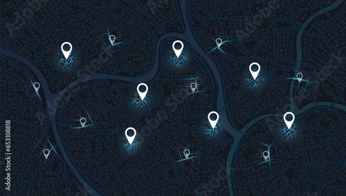 Abstract Map city with gps pins. Direction markers for navigation to shop, home, work or job on plan town. Background with location system. Urban map with pointers, signs, arrows for travel. Vector