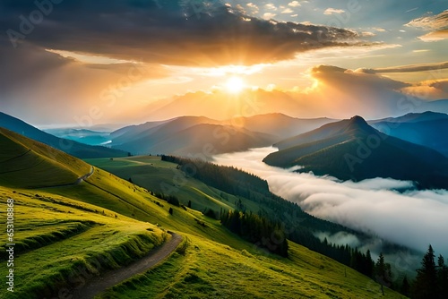 A breathtaking mountain scenery with vibrant clouds against a dramatic, cloudy sky in the Carpathian region of Ukraine, Europe. A beautiful sight in our world.