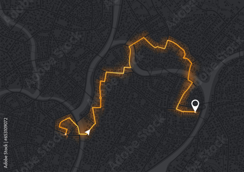 Location tracks dashboard. City street road. City streets and blocks, route distance data, path turns and destination tag or mark. Huge city top view. vector, illustration. Abstract background.