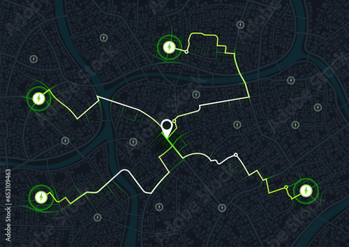 Location EV charging station location mark on gps navigation map a lot with fast supercharger station. Path turns and destination tag or mark. Huge city top view. Tracking path and route. vector