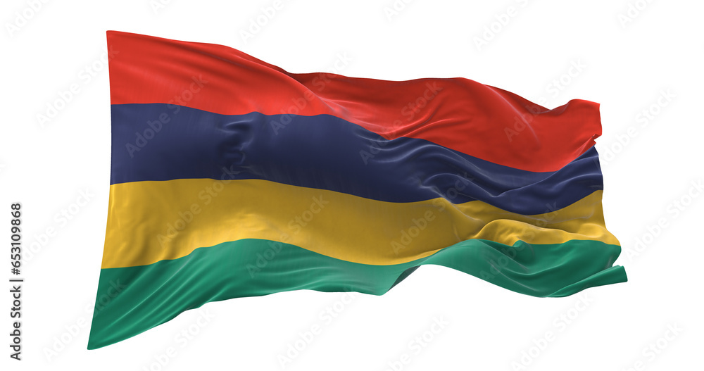 Naklejka premium 3d illustration flag of Mauritius. Mauritius flag waving isolated on white background with clipping path. flag frame with empty space for your text.