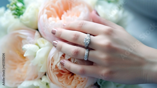 A bridal bouquet and wedding ring elegantly presented on the hand.