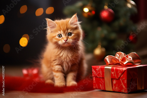 Cute red kitten with gift near christmas tree