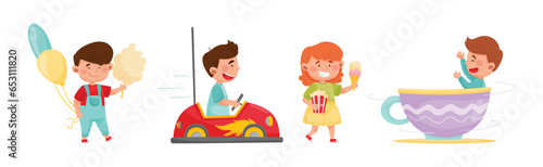 Kids in Amusement Park Riding Carousel Attraction Vector Set