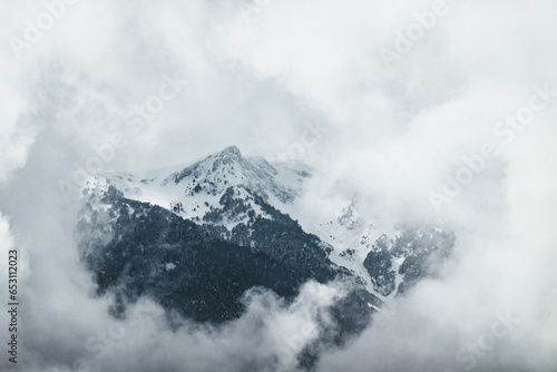 Forest of mountain Olympus covered with snow and fog winter landscape v8