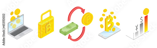 Bitcoin Blockchain Technology with Coin Isometric Vector Set