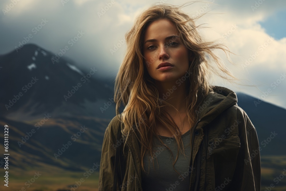 Fototapeta premium Woman in sharp focus against a sweeping mountainous backdrop.