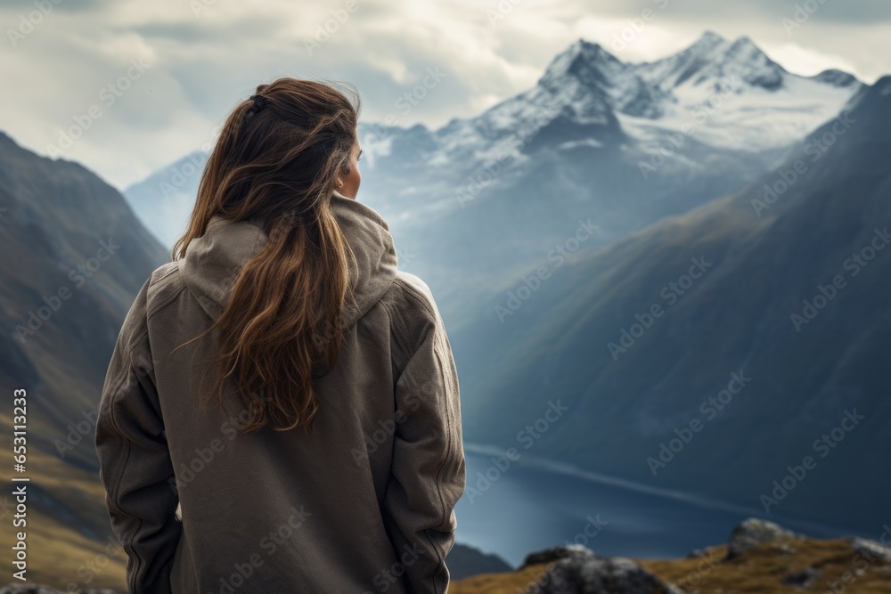 Woman in sharp focus against a sweeping mountainous backdrop.