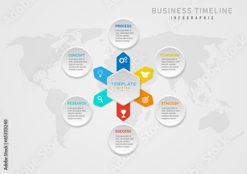 Infographic 6 steps business planning, hexagonal button in the middle with letters above. Multi-colored acute-angled squares below Around the outside there is a circle and a letter in the middle.