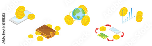 Bitcoin Blockchain Technology with Coin Isometric Vector Set