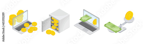 Bitcoin Blockchain Technology with Coin Isometric Vector Set