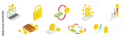 Bitcoin Blockchain Technology with Coin Isometric Vector Set