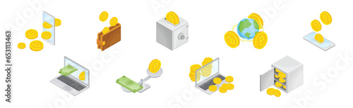 Bitcoin Blockchain Technology with Coin Isometric Vector Set