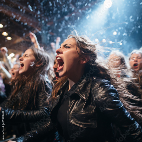 A group of girls screaming excitedly at a concert wearing leather jackets with long hair