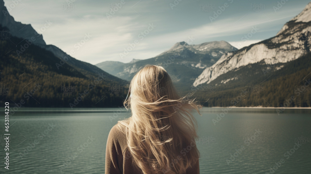 straight long blond hair, background lake and the mountains, cinematic professional stock photo straight long blond hair, background lake and the mountains, cinematic professional stock photo