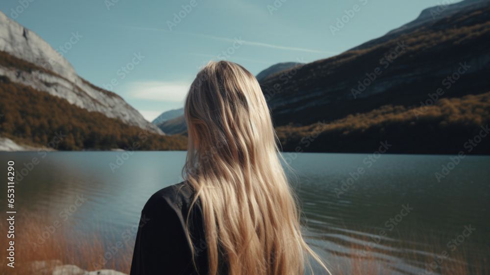 straight long blond hair, background lake and the mountains, cinematic professional stock photo
