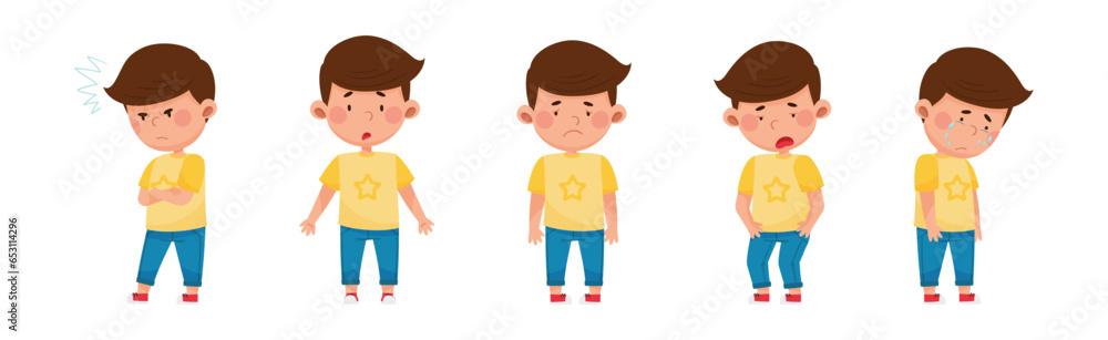 Little Boy Character Showing Face Expression and Emotion with Gesture Vector Set