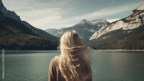 straight long blond hair, background lake and the mountains, cinematic professional stock photo © نيلو ڤر