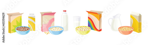 Bowl of Breakfast Cereal with Milk and Carton Package Vector Set
