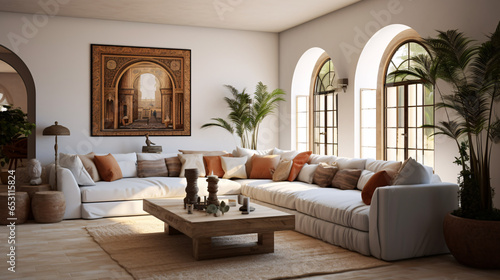 Living room featuring modern mediterranean interior design with stylish sofa  wall  table  and framed artwork
