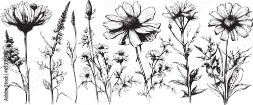 Collection of hand drawn flowers and herbs. Botanical plant illustration. Vintage medicinal herbs sketch set ink hand drawn medicinal herbs and plants sketch
