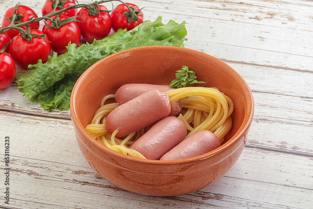 Mini sausages with pasta spaghetti Mini sausages with pasta spaghetti