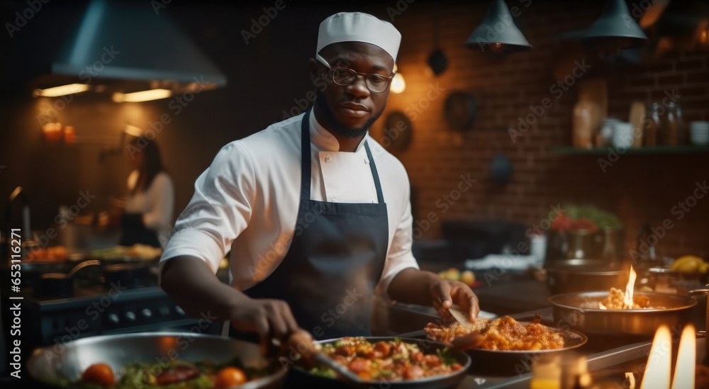 African chef in uniform cooking in a kitchen, 5 star Michelin recipe. - obrazy, fototapety, plakaty 