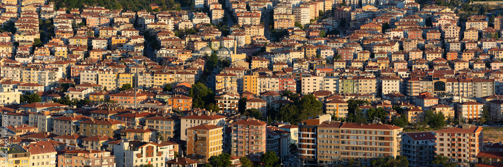 Detailed panoramic view to residential districts of Ankara at sunset. Banner