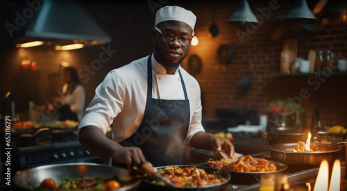 African chef in uniform cooking in a kitchen, 5 star Michelin recipe. photo