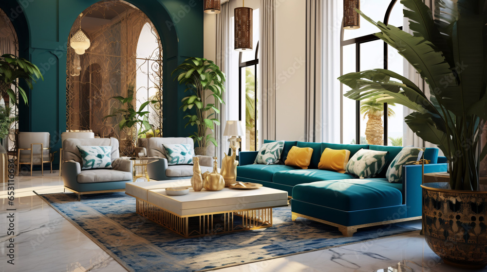 Fototapeta premium Modern living room featuring mediterranean interior design with stylish sofa, wall, table, and accessories