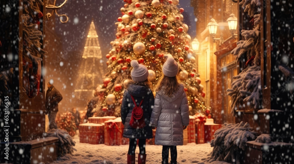 Two young girls standing on the Christmas street looking at the Christmas tree covered with snow