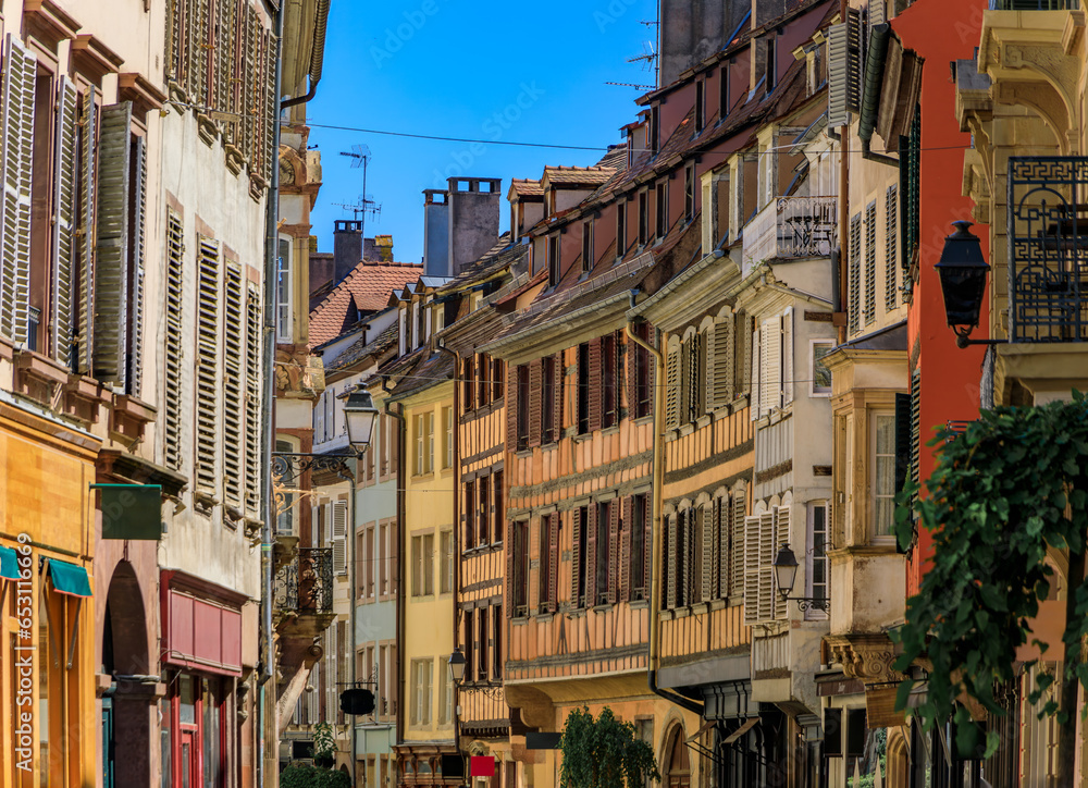 Ornate traditional half timbered houses in the old town of Grande Ile, the historic center of Strasbourg, Alsace, France
