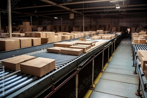 Parcels on a sorting belt in a warehouse.  © D