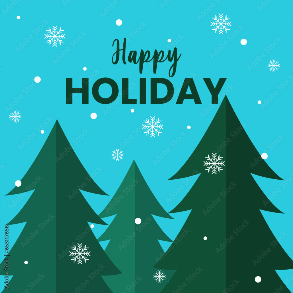 happy holidays social media post design with pine trees and snowy background