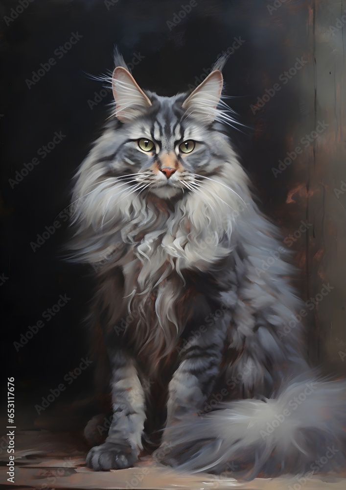 An elegant Portrait oil painting of a Maine Coon cat