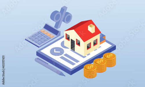 Mortgage banner concept Residential building with a mortgage agreement.on blue background.3D design.isometric vector design Illustration.