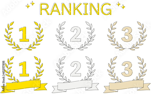 シンプルな月桂冠とラベルのランキングアイコンセット、1位～3位