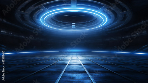 Dark Circle Neon Blue Glowing Futuristic Sci Fi Stage