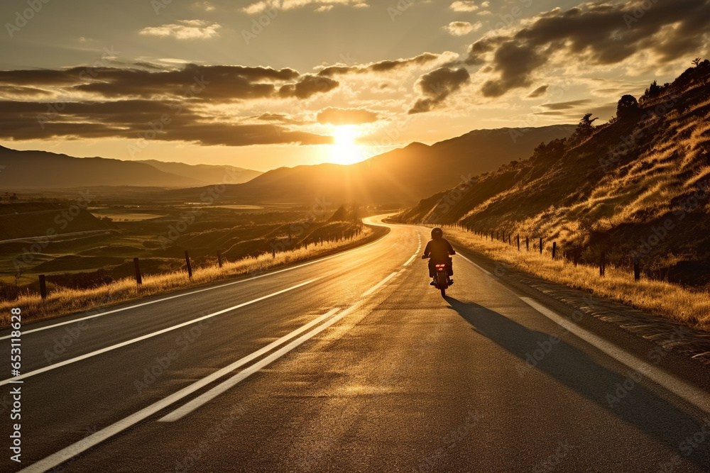 motorbike running on asphalt road in countryside at sunset motorbike running on asphalt road in countryside at sunset
