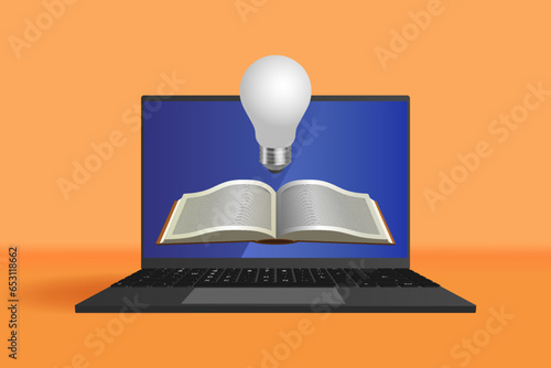Vector 3D mobile computer, volumetric open book and gray light bulb. Orange background. Idea, thoughts.