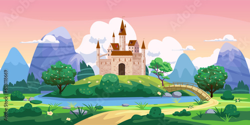 Fantasy fairytale castle landscape, green hills, trees, spring, road, mountains, panorama. Vector cartoon background illustration