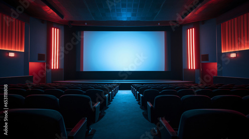 Empty futuristic cinema with curtains and a white empty cinema