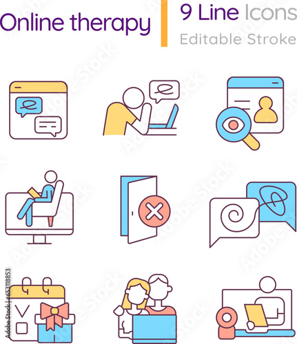 2D editable colorful thin line icons set representing online therapy, isolated vector, linear illustration.