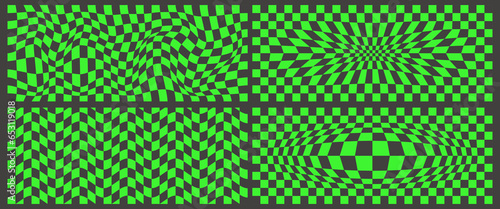Checkerboard pattern. Black and green psychedelic wavy backgrounds set. Abstract grid warp texture. Y2k chessboard rave geometric design. Vector illustration.