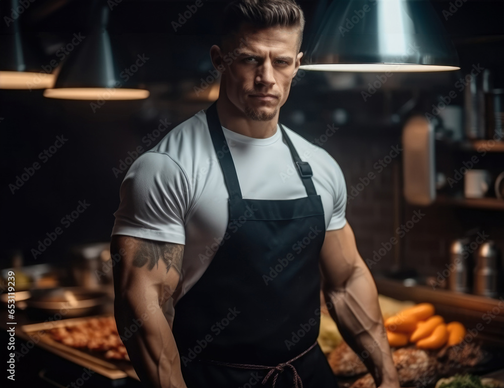 Muscular chef, Chef cooking in professional in a modern kitchen.